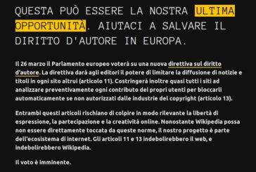 Wikipedia si auto-oscura per protesta contro la Riforma EU sul Copyright