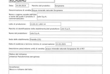 BATTERI NELL'ACQUA MINERALE, LETE RICHIAMA LOTTO DI ACQUA SORESANA