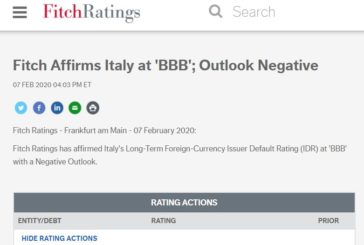 Fitch conferma rating Italia a BBB, outlook negativo