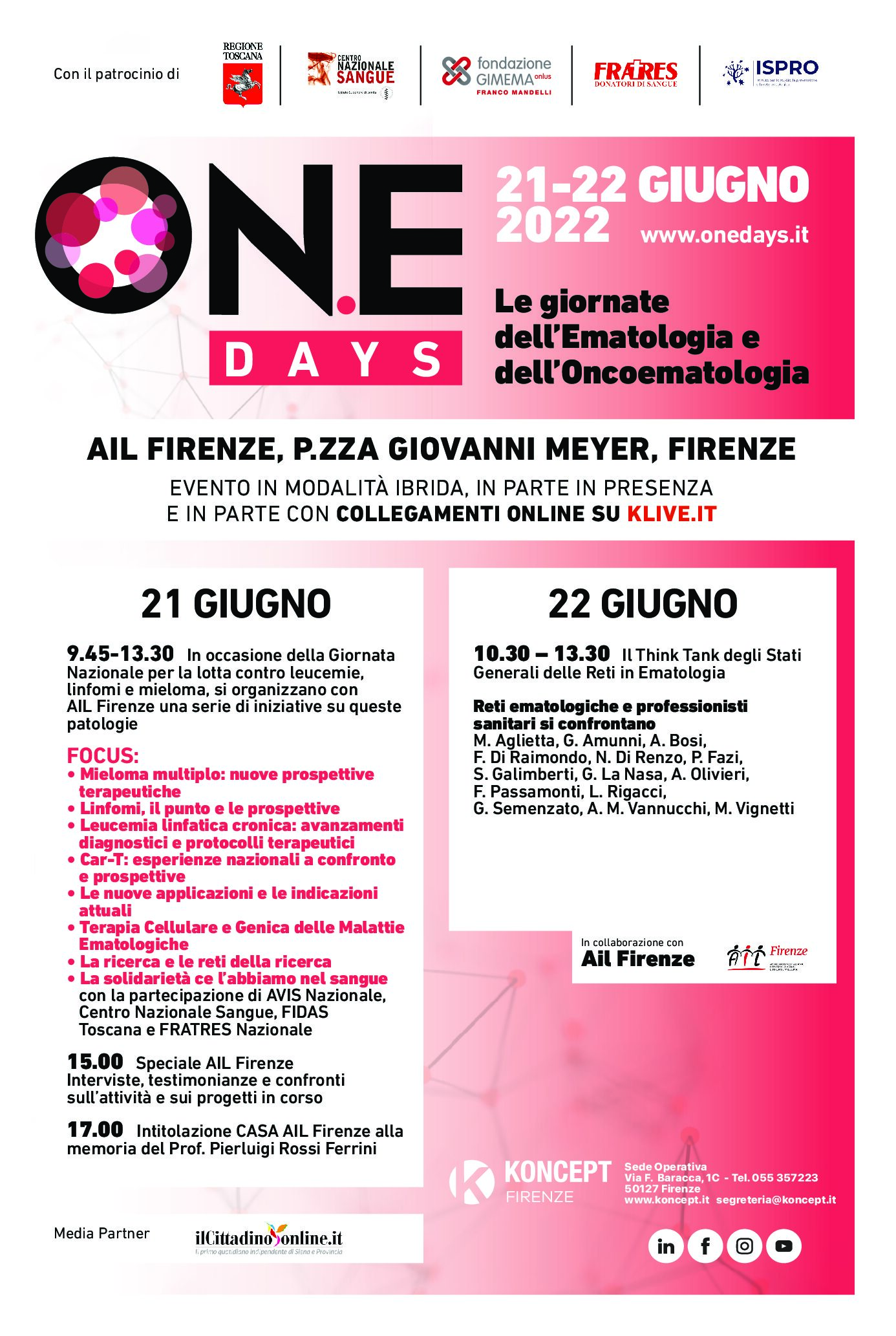 A Firenze ON.E Days: le giornate dell’ematologia e dell’oncoematologia