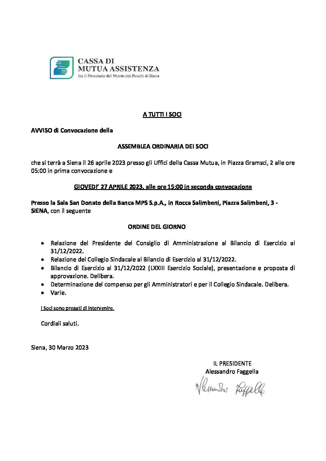 Convocata l’assemblea ordinaria della Cassa mutua fra il personale Mps