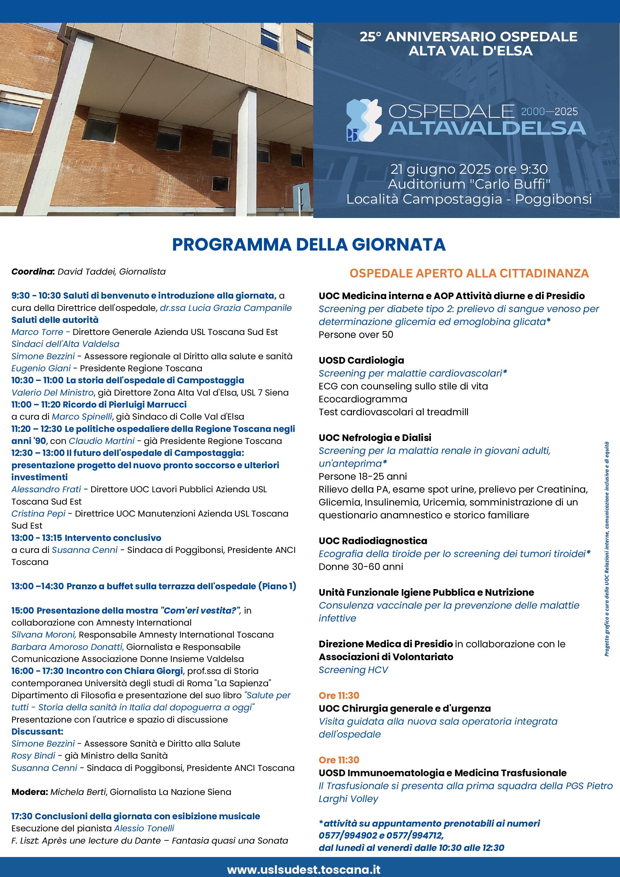 25 anni dell’ospedale di Campostaggia: il 21 giugno open day e celebrazioni