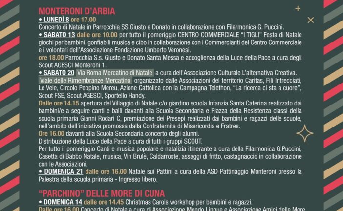 Monteroni d’Arbia, dall’8 dicembre il via al ricco programma di eventi natalizi