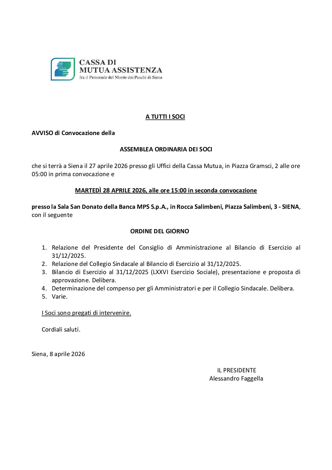 Il 28 aprile l’assemblea ordinaria dei soci della Cassa Mutua Mps