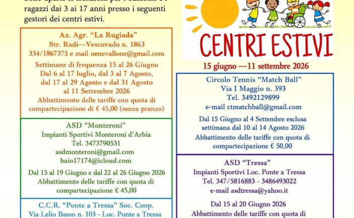 Monteroni d’Arbia, aperte le iscrizioni per i Centri Estivi