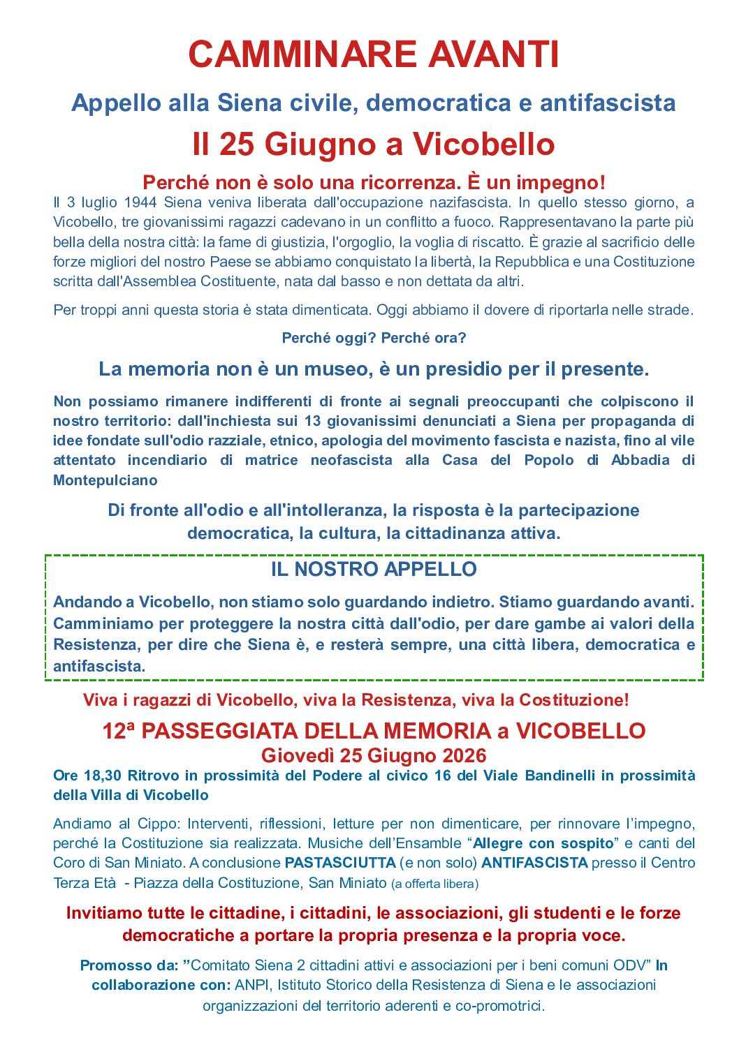 25 giugno: dodicesima passeggiata della memoria a Vicobello